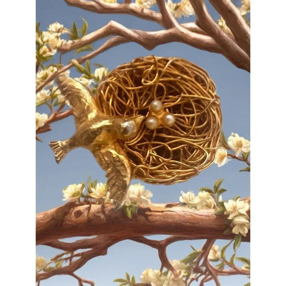 Jeanne brooch Bird with eggs 1950s Gold Tone Very Rare For Collection 🥰 - Picture 2 of 6